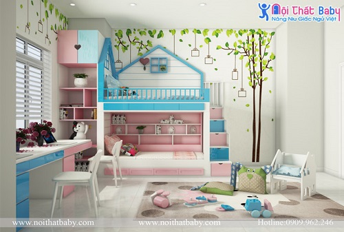 Thiết kế giường tầng dễ thương hồng xanh cho hai bé